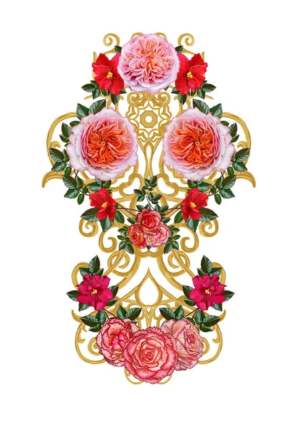 Cachos texturizados dourados. Arabescos de estilo oriental. Renda brilhante, flores estilizadas. Openwork tecendo delicado, fundo dourado, composição, guirlanda de rosas vermelhas, rosa e laranja . — Fotografia de Stock