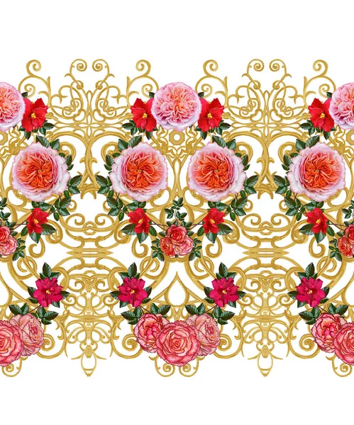 Girlande, Strauß zarter orangefarbener Rosen, leuchtend rote Blumen. — Stockfoto