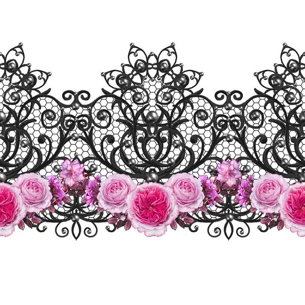 Seamless pattern border. Openwork weaving delicate, black lace, vintage old style arabesques. Edging decorative. Decoration from pearls, beads. Flower garland of white roses. — Stock Photo, Image