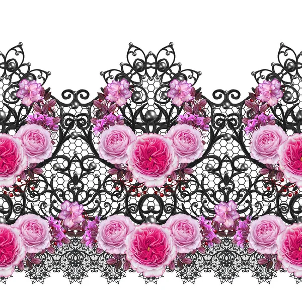 Borde de patrón sin costuras. Tejido calado delicado, encaje negro, arabescos de estilo antiguo vintage. Borde decorativo. Decoración de perlas, cuentas. Guirnalda de flores de rosas blancas . — Foto de Stock