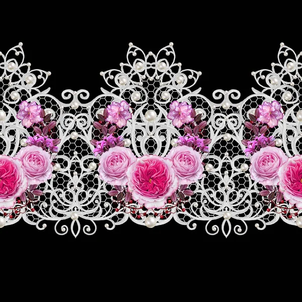 Seamless pattern border. Openwork weaving delicate, silver background, shiny lace, vintage old style arabesques. Edging decorative. Decoration from pearls, beads. Flower garland of pink roses. — Stock Photo, Image