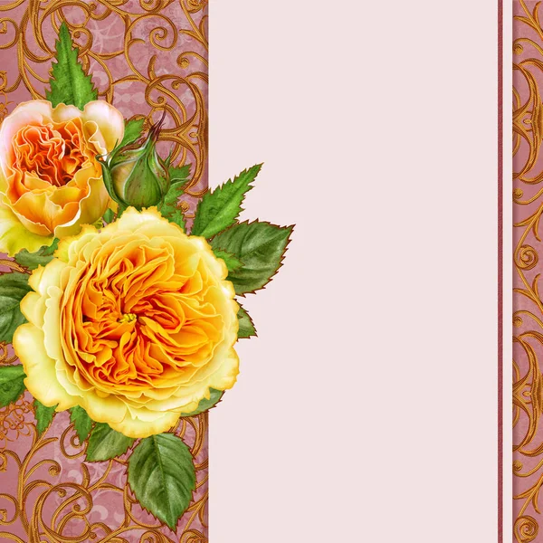 Virágos háttér. Régi képeslapos, pasztell hangon, régi stílusú üdvözlés. Virágkötészeti finom narancs és sárga Rózsa. — Stock Fotó