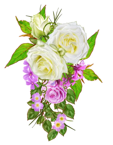 Květinové kompozice. Izolované na bílém pozadí. Kytice bílých jemných růží s zelená střední, světlé listy. — Stock fotografie