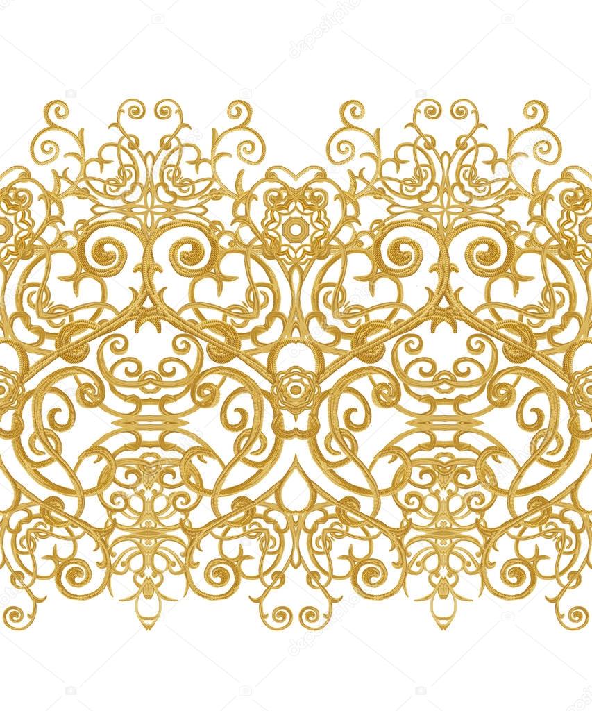 Seamless pattern. Golden textured curls. Oriental style arabesques. Brilliant lace, stylized flowers. Openwork weaving delicate, golden dark background.
