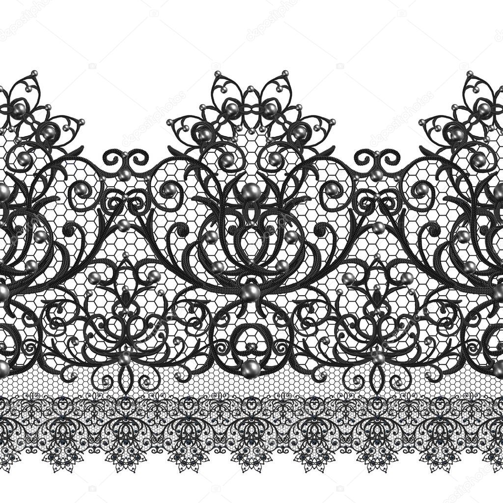 Seamless pattern border. Openwork weaving delicate, black lace, 