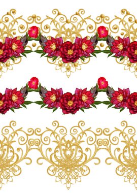 Garland, buket gül, parlak kırmızı çiçek. Seamless modeli. Altın dokulu bukleler. Oryantal tarzı Arabesk. Parlak dantel. Hassas dokuma Ajur.