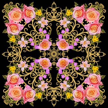 Dantel arka plan. Süslü çerçeve, aşiret etnik süsleme ile soyut bir şekilde geometrik dantel modeli. Ajur doku bukleler. Bandana, eşarp, şal. Turuncu ve pembe güller çiçek çelenk.