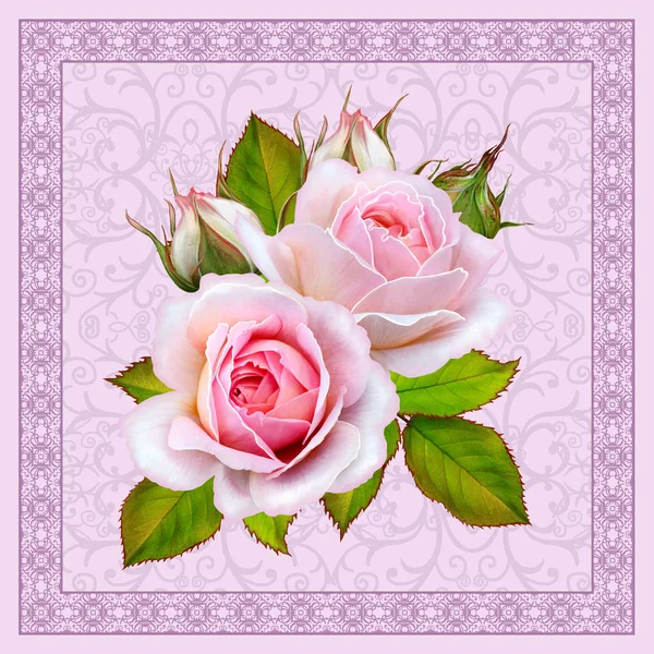 꽃 배경입니다. 빈티지 엽서, 파스텔 톤, 오래 된 스타일 인사말입니다. 핑크 장미 꽃 배열입니다. 비쳐 파스텔 색상의 사각형 조각된 프레임. — 스톡 사진