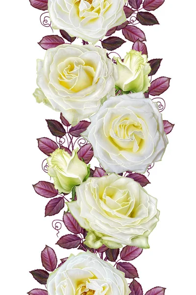Bordure florale verticale. Modèle sans couture. Isolé sur fond blanc. Guirlande de fleurs de belles roses blanches . — Photo
