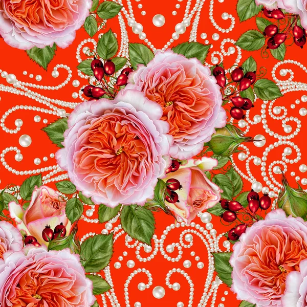 Motivo floreale senza cuciture. Ramo di belle rose rosa delicate. Foglie verdi, bacche rosse brillanti. Texture oro . — Foto Stock