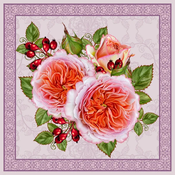 Květinové pozadí. S pozdravem vintage pohlednice, pastelových tónů, starý styl. Aranžování květin z růžových růží. Prolamované čtvercový vyřezávaný rám pastelové barvy. — Stock fotografie