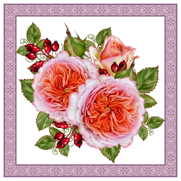 꽃 배경입니다. 빈티지 엽서, 파스텔 톤, 오래 된 스타일 인사말입니다. 핑크 장미 꽃 배열입니다. 비쳐 파스텔 색상의 사각형 조각된 프레임. — 스톡 사진