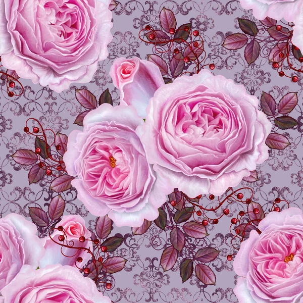 Patrón sin costura floral. Rama de hermosas rosas rosadas delicadas —  Fotos de Stock