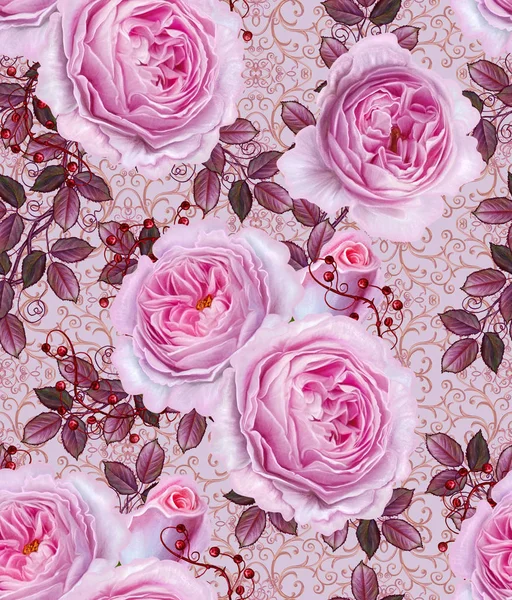 Patrón sin costura floral. Rama de hermosas rosas rosadas delicadas — Foto de Stock