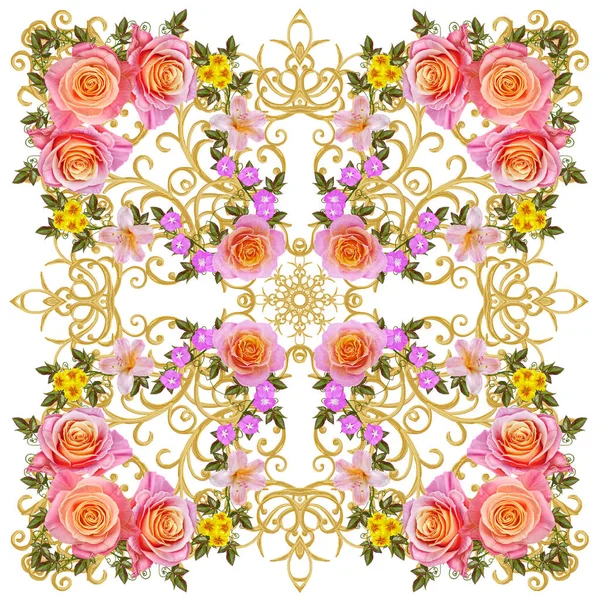 Δαντέλα με φόντο. Αφηρημένη φαντασία τετράγωνη γεωμετρική δαντέλα με περίκομψο πλαίσιο, φυλετικές και εθνοτικές στολίδι. Διάτρητο υφή μπούκλες. Φουλάρι, κασκόλ, σάλι. Λουλούδι Γκάρλαντ πορτοκαλί και ροζ τριαντάφυλλα. — Φωτογραφία Αρχείου