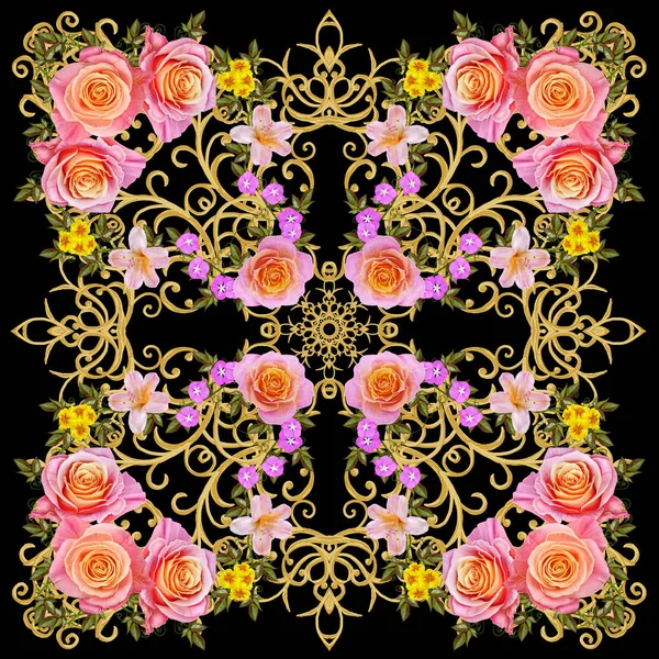 Sfondo in pizzo. Astratto modello di pizzo geometrico quadrato con cornice ornata, ornamento etnico tribale. Riccioli a trama traforata. Bandanna, sciarpa, scialle. Ghirlanda di fiori di rose arancioni e rosa . — Foto Stock