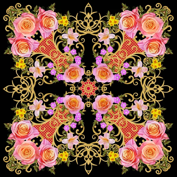 Lace background. Abstract square geometric lace pattern with ornate frame, tribal ethnic ornament. Openwork texture curls. Bandanna, scarf, shawl. Flower garland of orange and pink roses. — Stock Photo, Image