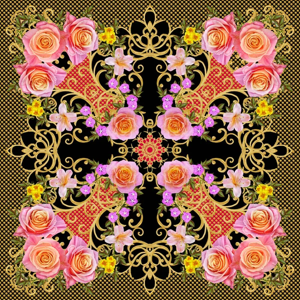 Lace background. Abstract square geometric lace pattern with ornate frame, tribal ethnic ornament. Openwork texture curls. Bandanna, scarf, shawl. Flower garland of orange and pink roses. — Stock Photo, Image