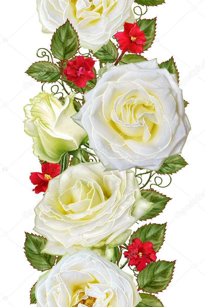 Vertical floral border. Seamless pattern. Isolated on white background. Flower garland of white beautiful roses.