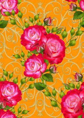 Altın dokulu bukleler. Oryantal tarzı Arabesk. Parlak dantel. Ajur hassas dokuma. Yatay seamless modeli. Parlak kırmızı gül ve tomurcuklar çiçek aranjmanı.