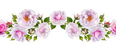 Seamless modeli. Uzun sapları üzerinde hassas güzel pembe Gül çelenk. Yatay çiçek kenarlık.