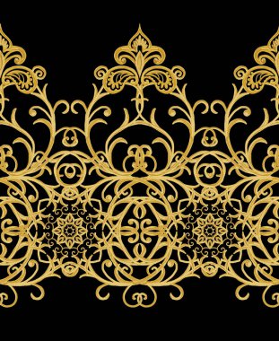 Seamless modeli. Altın dokulu bukleler. Oryantal tarzı Arabesk. Parlak dantel, stilize çiçekler. Narin, altın koyu arka plan dokuma Ajur.