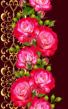 Dikey çiçek sınır. Seamless modeli. Altın Ajur bukleler, parlak dantel. Garland güzel parlak kırmızı gül, tomurcukları, yeşil yaprakları.