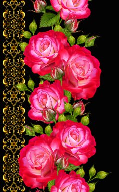 Dikey çiçek sınır. Seamless modeli. Altın Ajur bukleler, parlak dantel. Garland güzel parlak kırmızı gül, tomurcukları, yeşil yaprakları.