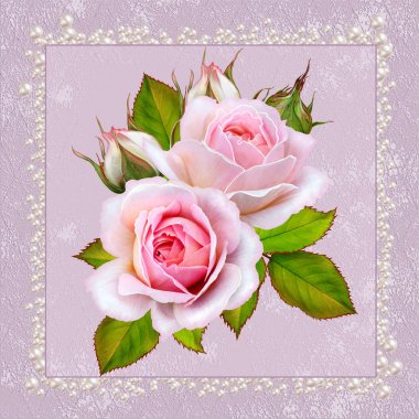 Çiçek arka plan. Tebrik vintage kartpostal, pastel tonu, eski stil. Pembe Gül çiçek aranjman. Ajur kare oyma çerçeve pastel renk.