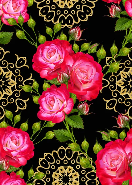 Golden textured curls. Oriental style arabesques. Brilliant lace. Openwork weaving delicate. Horizontal seamless pattern. Flower arrangement of bright red roses and buds. — Stock Photo, Image