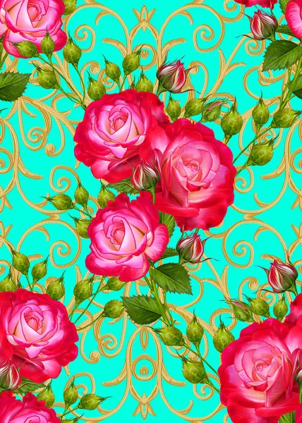 Golden textured curls. Oriental style arabesques. Brilliant lace. Openwork weaving delicate. Horizontal seamless pattern. Flower arrangement of bright red roses and buds. — Stock Photo, Image