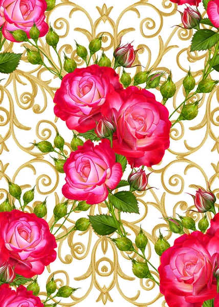 Golden textured curls. Oriental style arabesques. Brilliant lace. Openwork weaving delicate. Horizontal seamless pattern. Flower arrangement of bright red roses and buds. — Stock Photo, Image