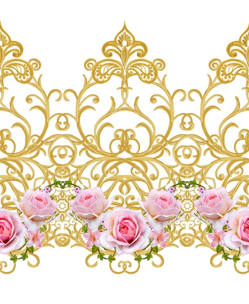Bloem slinger roze rozen. Naadloze patroon. Gouden getextureerde krullen. Oosterse stijl arabesken. Briljante kant. Opengewerkte weven delicate. — Stockfoto