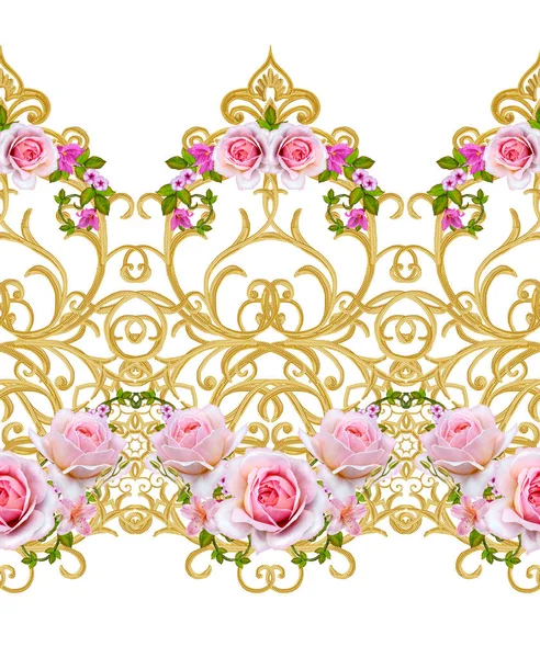 ดอกไม้ดอกกุหลาบสีชมพู รูปแบบที่ไร้รอยต่อ ลอนสีทอง อาราเบสก์สไตล์ตะวันออก ลูกไม้ที่ยอดเยี่ยม การทอผ้าแบบเปิดที่ละเอียดอ่อน . — ภาพถ่ายสต็อก