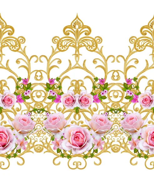 Guirnalda de flores de rosas rosadas. Patrón sin costuras. Rizos dorados texturizados. Arabescos de estilo oriental. Brillante encaje. Tejido calado delicado . —  Fotos de Stock