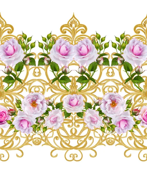 Flower garland of pink roses. Seamless pattern. Golden textured curls. Oriental style arabesques. Brilliant lace. Openwork weaving delicate. — Stock Photo, Image