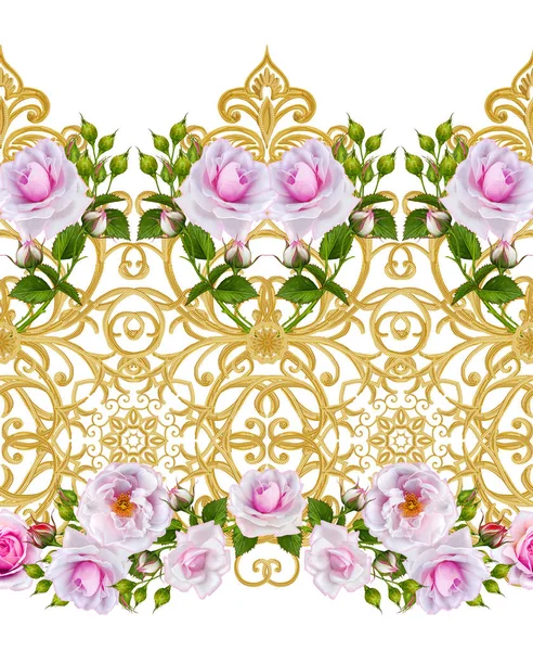 Blomslinga av rosa rosor. Seamless mönster. Gyllene texturerat lockar. Orientalisk stil arabesker. Lysande spets. Genombrutna vävning delikat. — Stockfoto