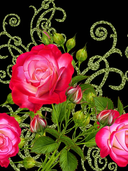 Květinový okraj. Vzor bezešvé. Věnec z krásné jasně červené růže, pupeny, zelené listy. Izolované na bílém pozadí. — Stock fotografie