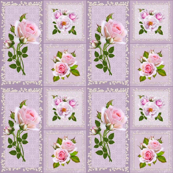 Floral seamless pattern. Square shape, vintage style, beautiful gentle pink roses, flower arrangement, pastel openwork frame, weaving their beads and pearls. — Stock Photo, Image