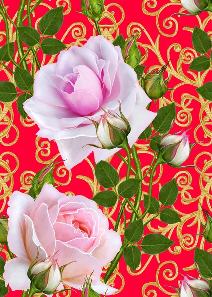 Sömlös blommönster, bud av en vacker rosa ros, långa, höga stjälkar. — Stockfoto