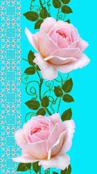 Vertical floral border. Seamless pattern. Flower garland of pink beautiful roses. Openwork embossed weaving from silver. — Stock Photo, Image