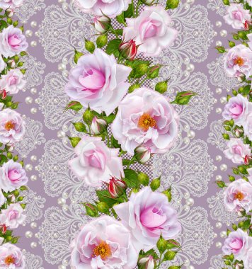 Dikişsiz desen sınır. Narin, dokuma Ajur Gümüş arka plan, parlak dantel, vintage eski tarzı Arabesk. Dekoratif kenar. Dan inciler, boncuk dekorasyon. Pembe Gül çiçek çelenk.