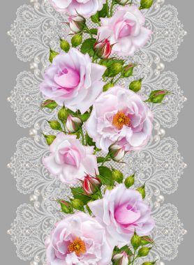 Dikişsiz desen sınır. Narin, dokuma Ajur Gümüş arka plan, parlak dantel, vintage eski tarzı Arabesk. Dekoratif kenar. Dan inciler, boncuk dekorasyon. Pembe Gül çiçek çelenk.