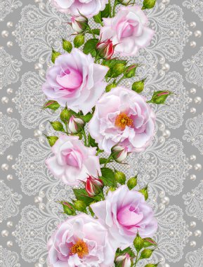 Dikişsiz desen sınır. Narin, dokuma Ajur Gümüş arka plan, parlak dantel, vintage eski tarzı Arabesk. Dekoratif kenar. Dan inciler, boncuk dekorasyon. Pembe Gül çiçek çelenk.