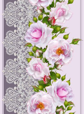 Dikişsiz desen sınır. Narin, dokuma Ajur Gümüş arka plan, parlak dantel, vintage eski tarzı Arabesk. Dekoratif kenar. Dan inciler, boncuk dekorasyon. Pembe Gül çiçek çelenk.