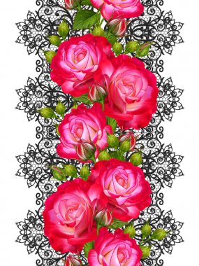 Dikey çiçek sınır. Seamless modeli. Garland kırmızı güller hassas, dokuma Ajur Gümüş arka plan, parlak dantel, vintage eski tarzı Arabesk. Dekoratif kenar. İnci boncuk dekorasyon.