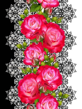 Dikey çiçek sınır. Seamless modeli. Garland kırmızı güller hassas, dokuma Ajur Gümüş arka plan, parlak dantel, vintage eski tarzı Arabesk. Dekoratif kenar. İnci boncuk dekorasyon.