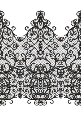 Dikişsiz desen sınır. Narin, dokuma Ajur siyah dantel, vintage eski tarzı Arabesk. Dekoratif kenar. İnci, boncuk dekorasyon.