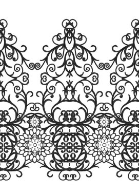 Dikişsiz desen sınır. Narin, dokuma Ajur siyah dantel, vintage eski tarzı Arabesk. Dekoratif kenar. İnci, boncuk dekorasyon.