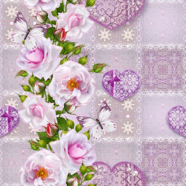 Çiçek arka plan. Seamless modeli. Eski stil, kare şekli, pastel tonu, patchwork. Garland parlak güzel kırmızı gül, hassas kalbi boncuk ve inciler, ışık kelebekler ile dokulu.